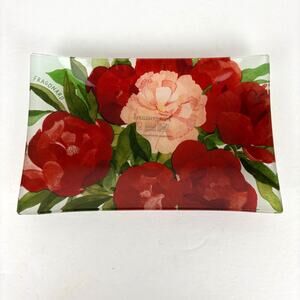 Fragonard France Glass Trinket Dish Soap Dish Floral Red Pink 4" x 6.5"